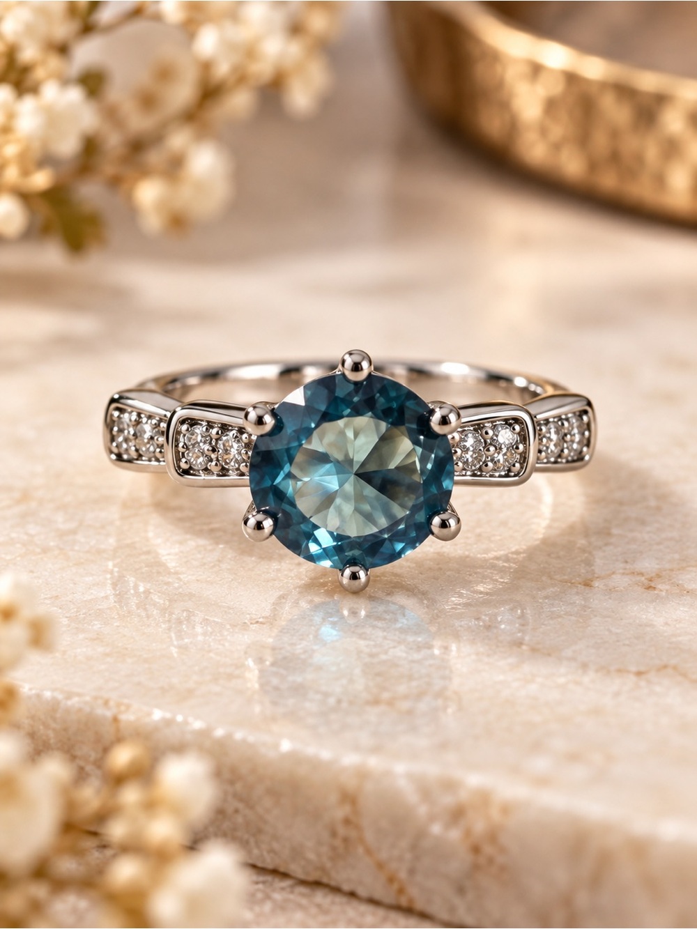 Adjustable Teal Blue Crystal Solitaire Ring Silver Tone Sparkle Statement